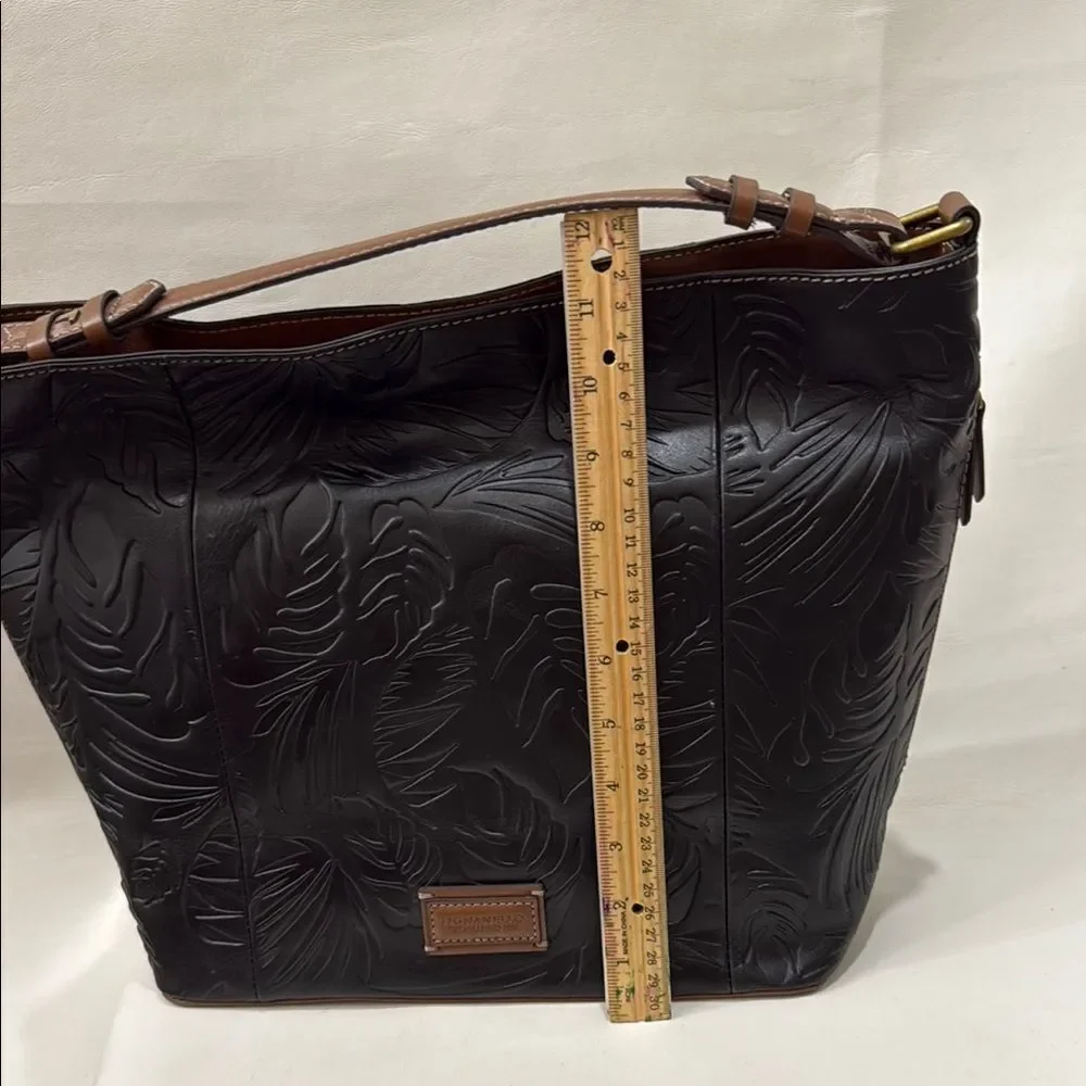 Tignanello Black Leather Brown Palm Leaf Embossed Hobo Purse Tote New No Tags